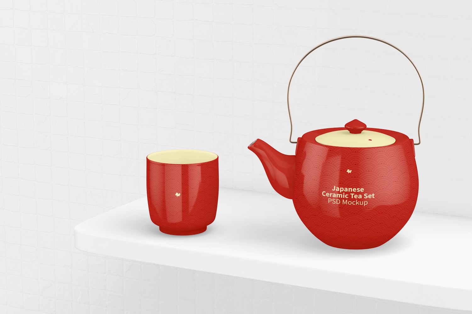 Japanese Ceramic Tea Set Mockup, Perspective View