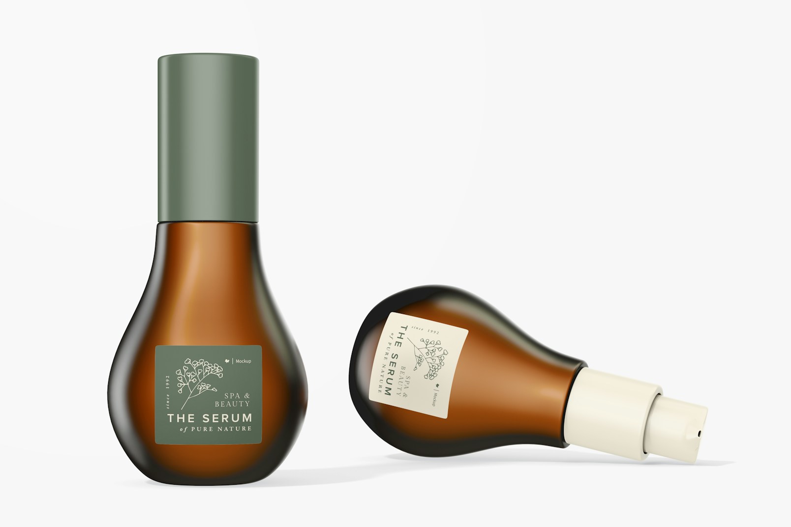 Facial Serum Bottles Mockup, Standing and Dropped