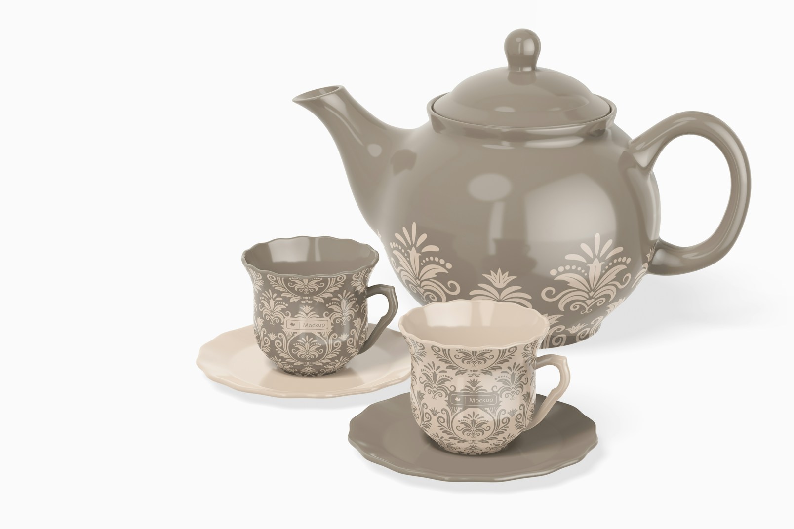 Ceramic Tea Mug and Plate with Teapot Mockup