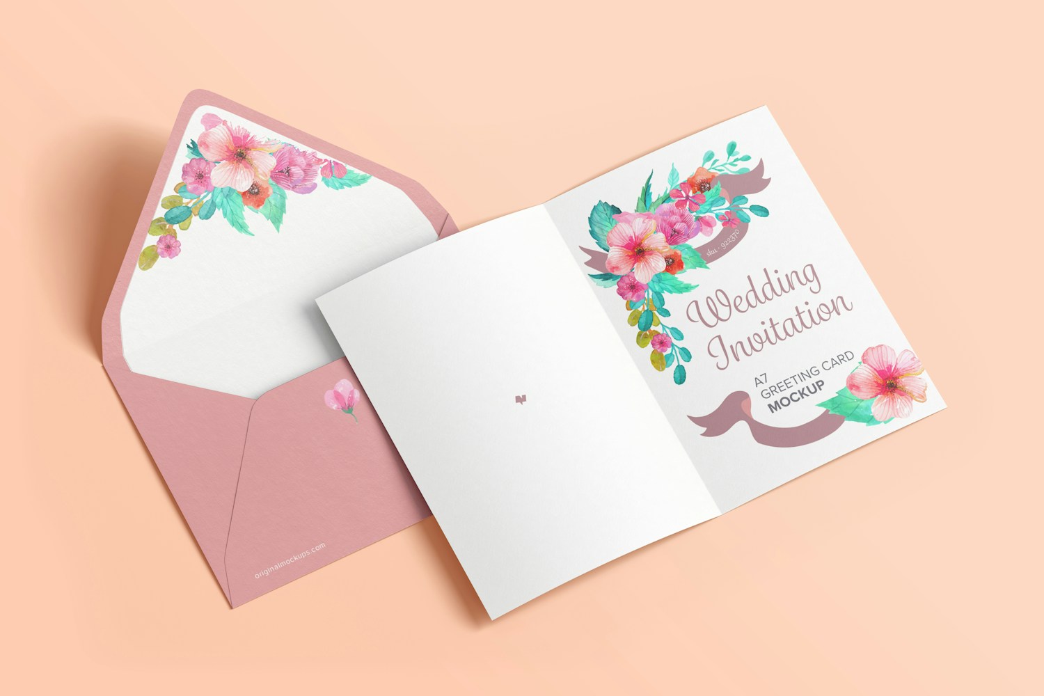 A7 Greeting Card Mockup with Envelope, Spread Pages
