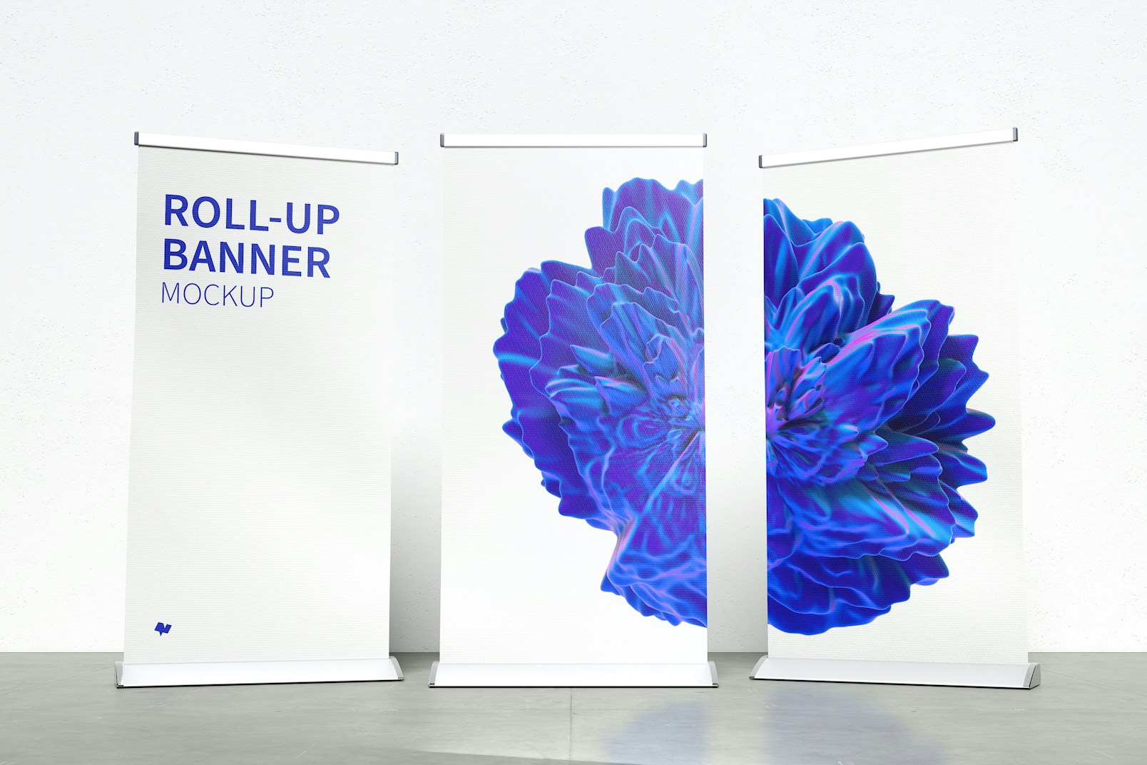 Standing Roll-Up Banners Mockup with a Background Wall 02