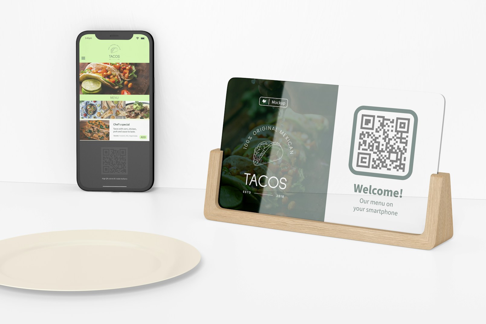 Maqueta de Menú QR de Acrílico con Celular