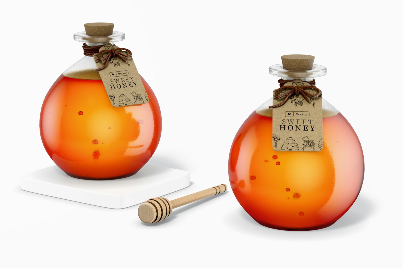 Round Honey Glass Bottles Mockup, Perspective