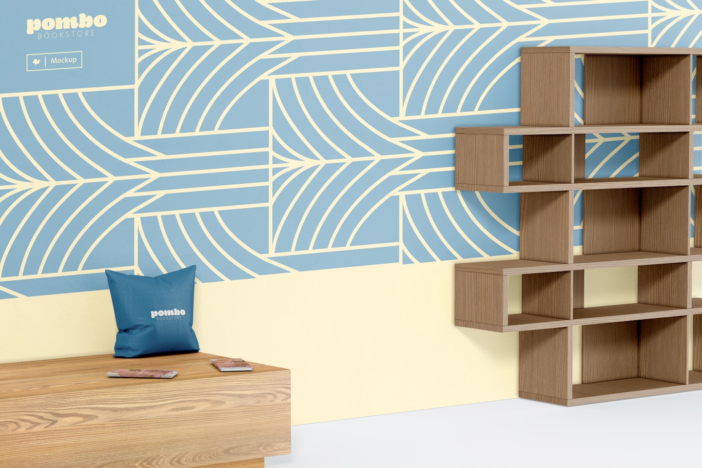 Modern Bookstore Wall Mockup, with Bench