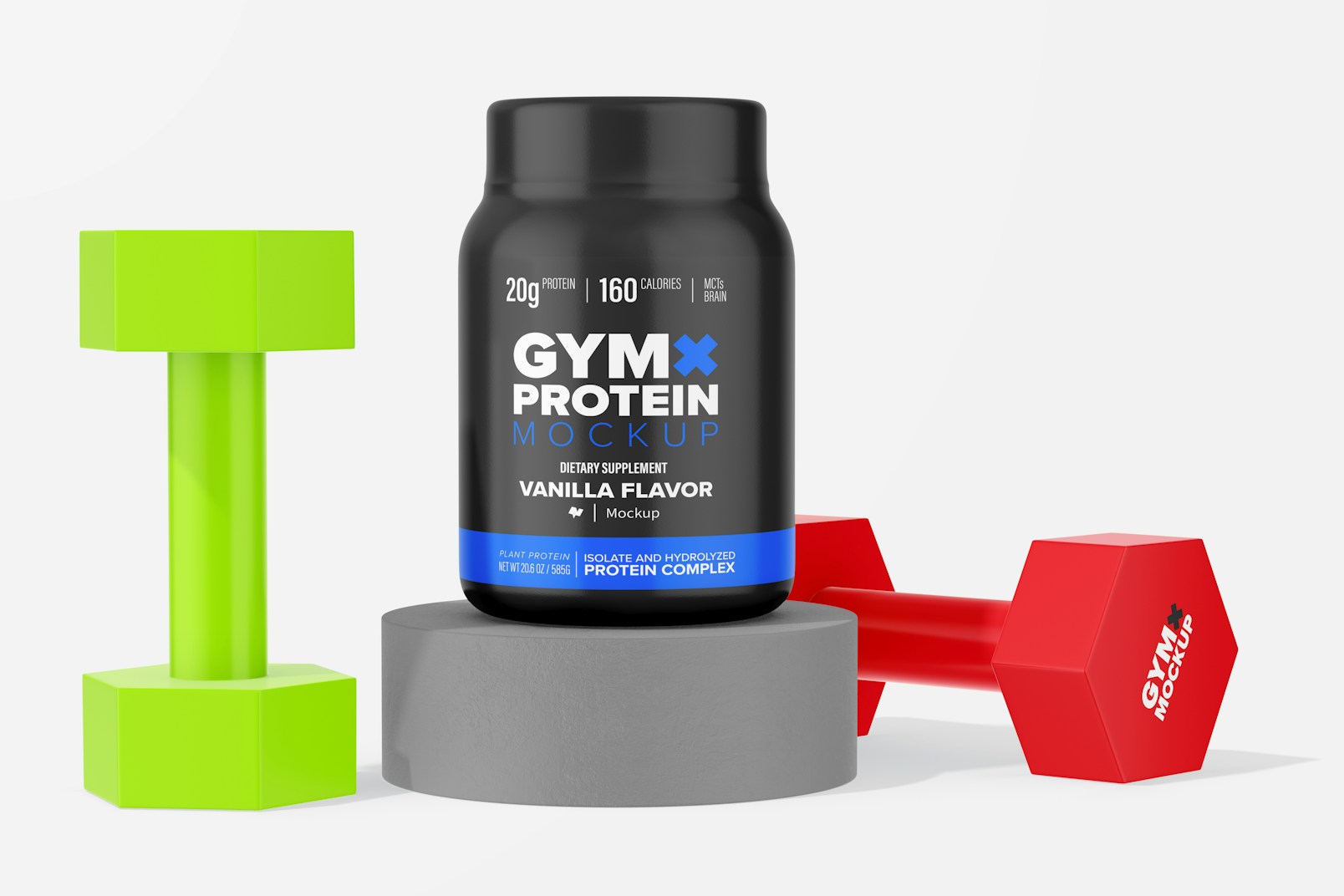 20 gr Protein Powder Container Mockup, with Dumbbells
