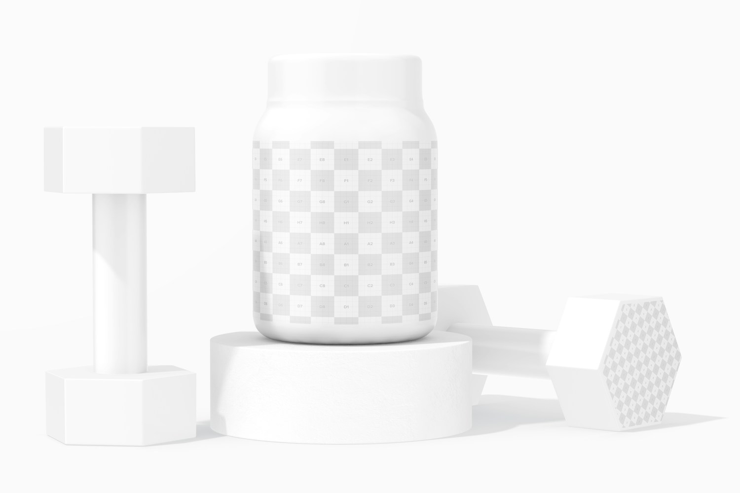 20 gr Protein Powder Container Mockup, with Dumbbells