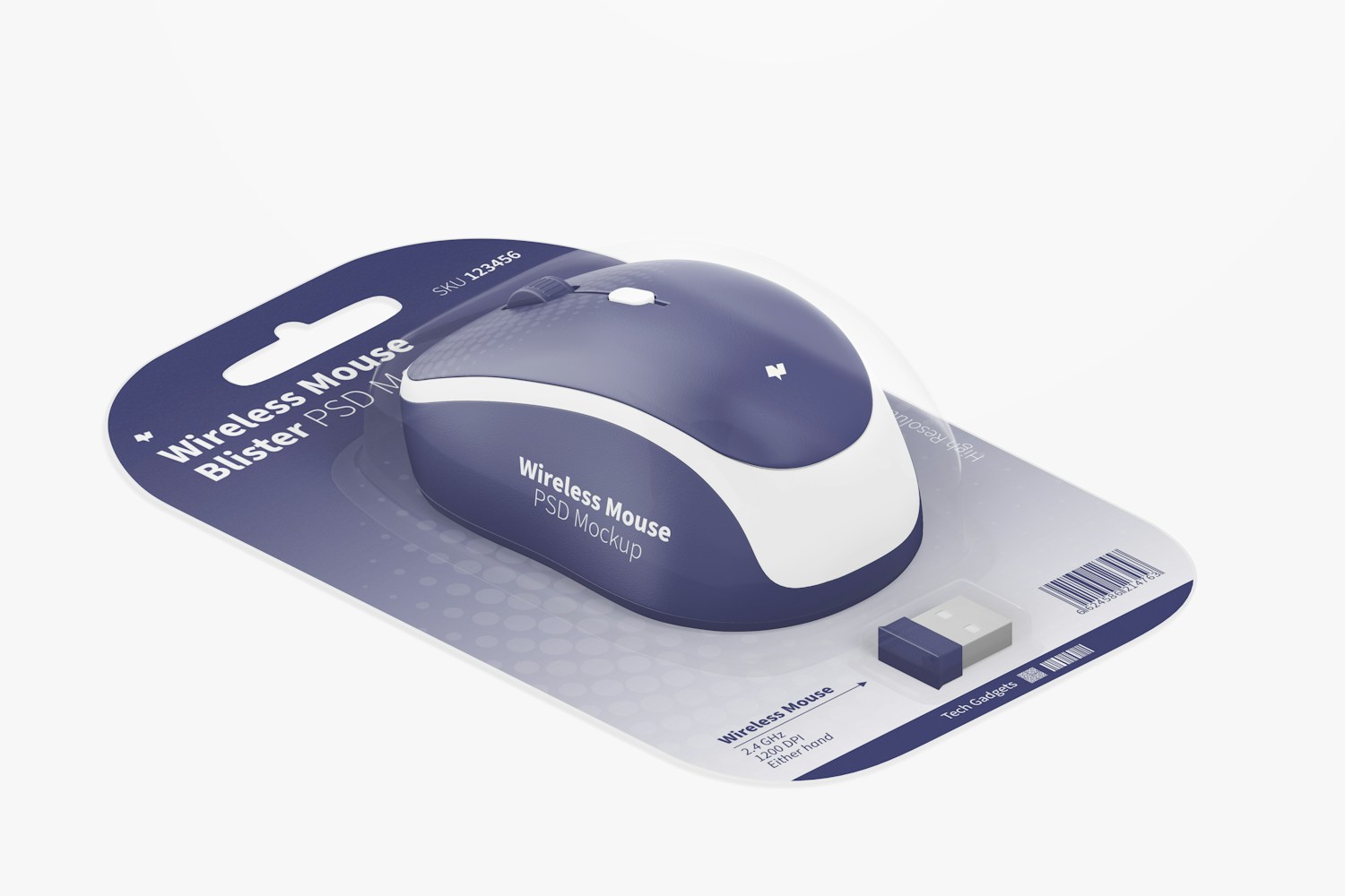 Wireless Mouse Blister Mockup, Isometric Right View