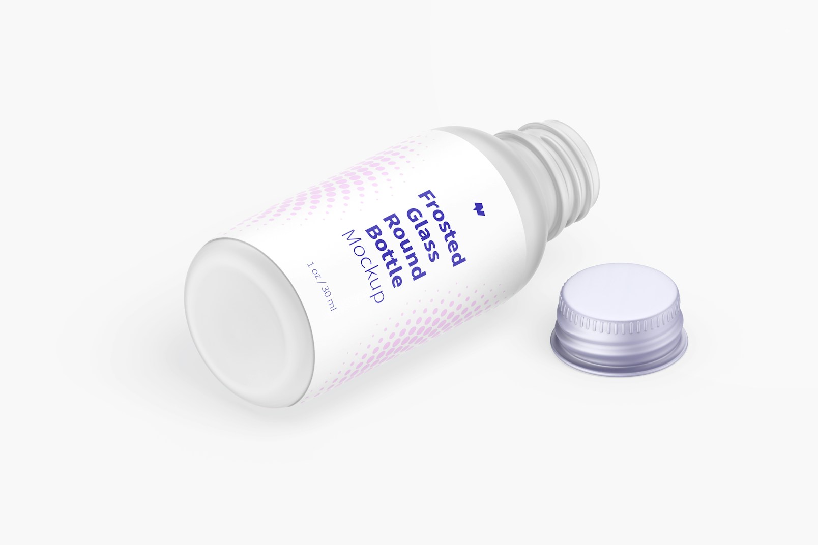 1 oz Frosted Glass Round Bottle Mockup, Isometric Right View