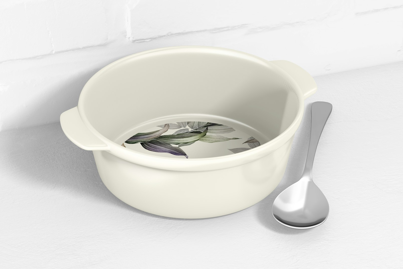 Round Ceramic Dish with Handles Mockup, with Spoon