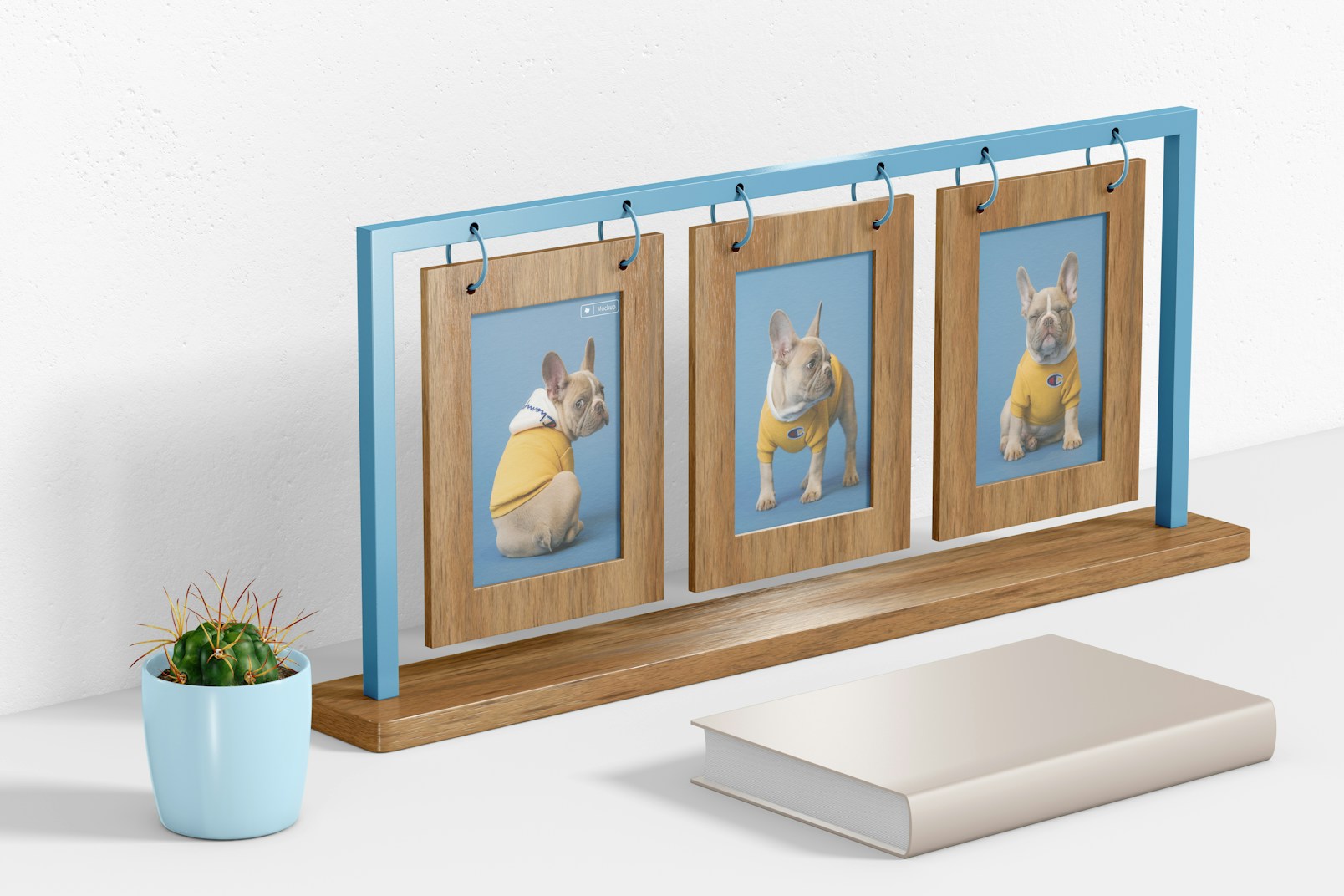 Triple Table Photo Frame with Book Mockup