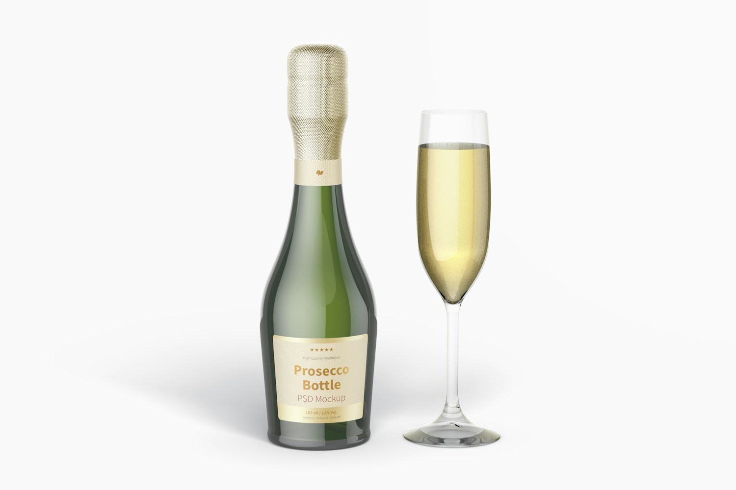 187 ml Prosecco Bottle with Glass Cup Mockup