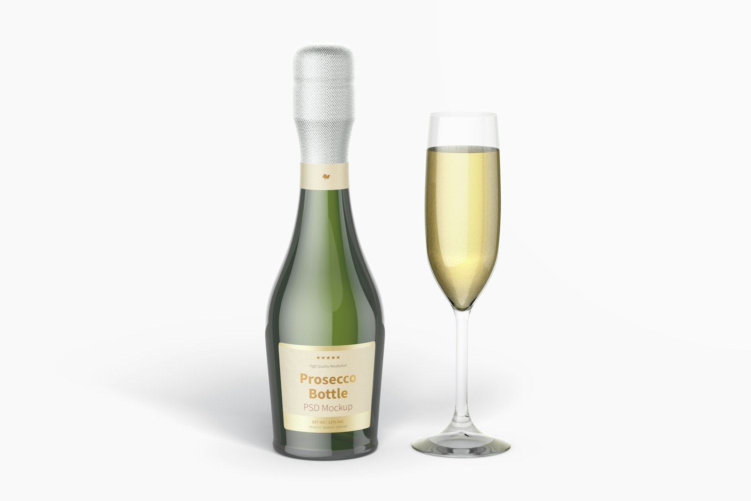 187 ml Prosecco Bottle with Glass Cup Mockup