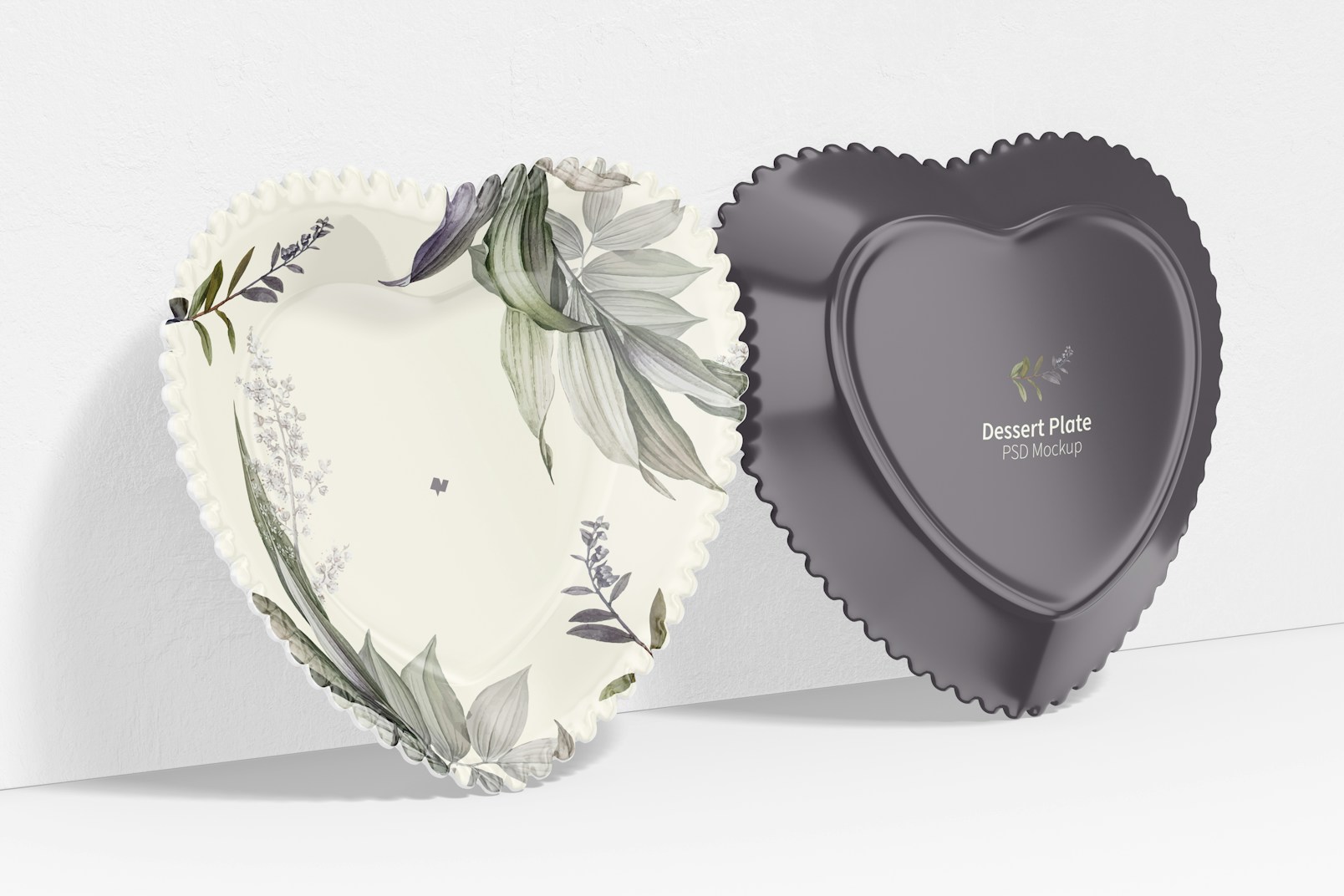 Heart Shaped Dessert Plates Mockup, Front and Back View