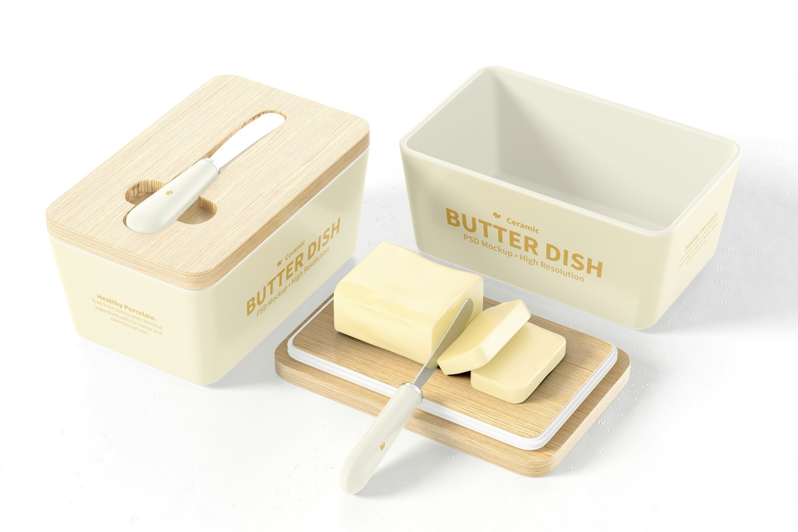 Ceramic Butter Dishes with Bamboo Lid Mockup