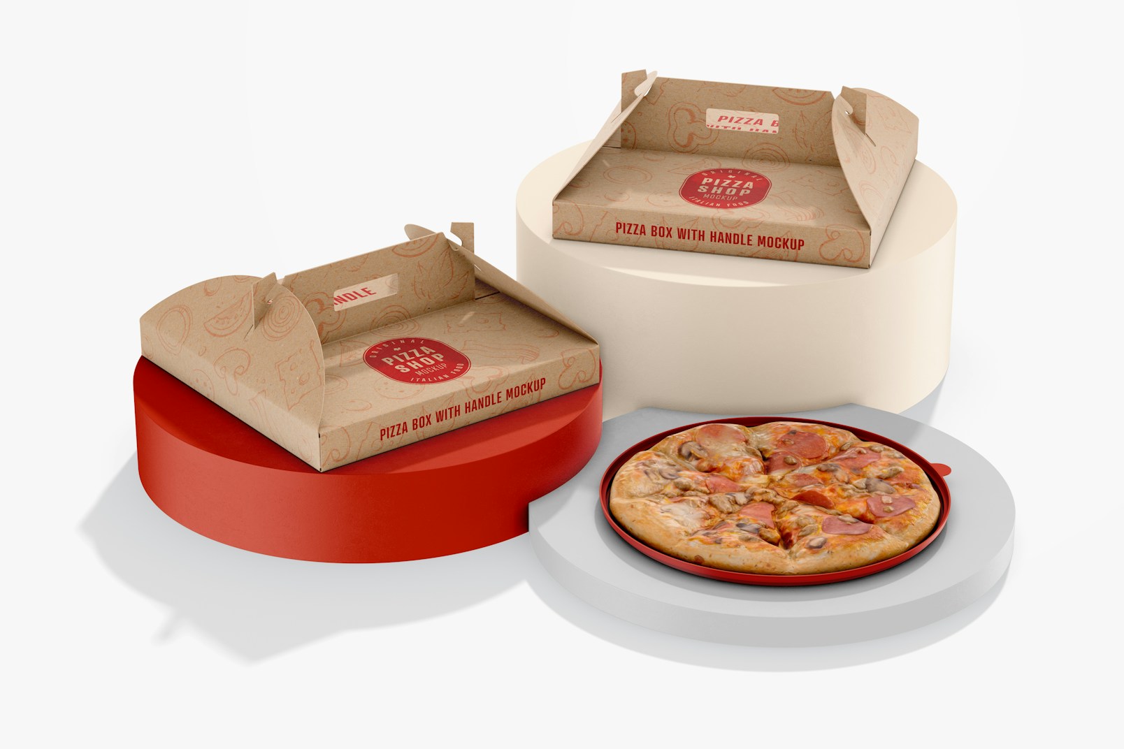 Pizza Boxes with Handle Mockup, on Podium