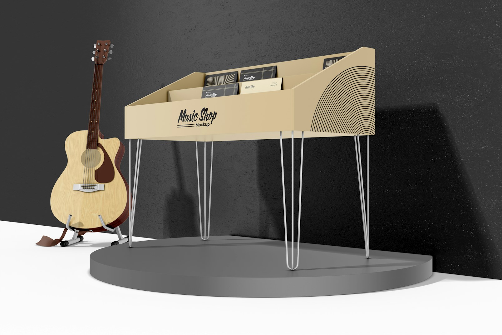 Vinyl Record Storage Cabinet Mockup, Low Angle View