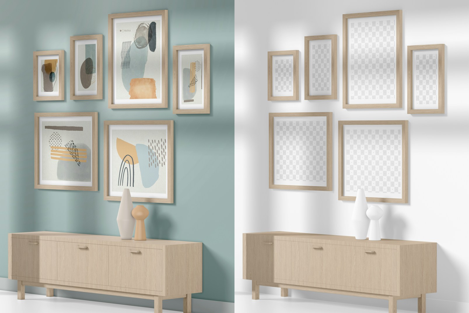 6 Gallery Frames with Cabinet Mockup, Perspective