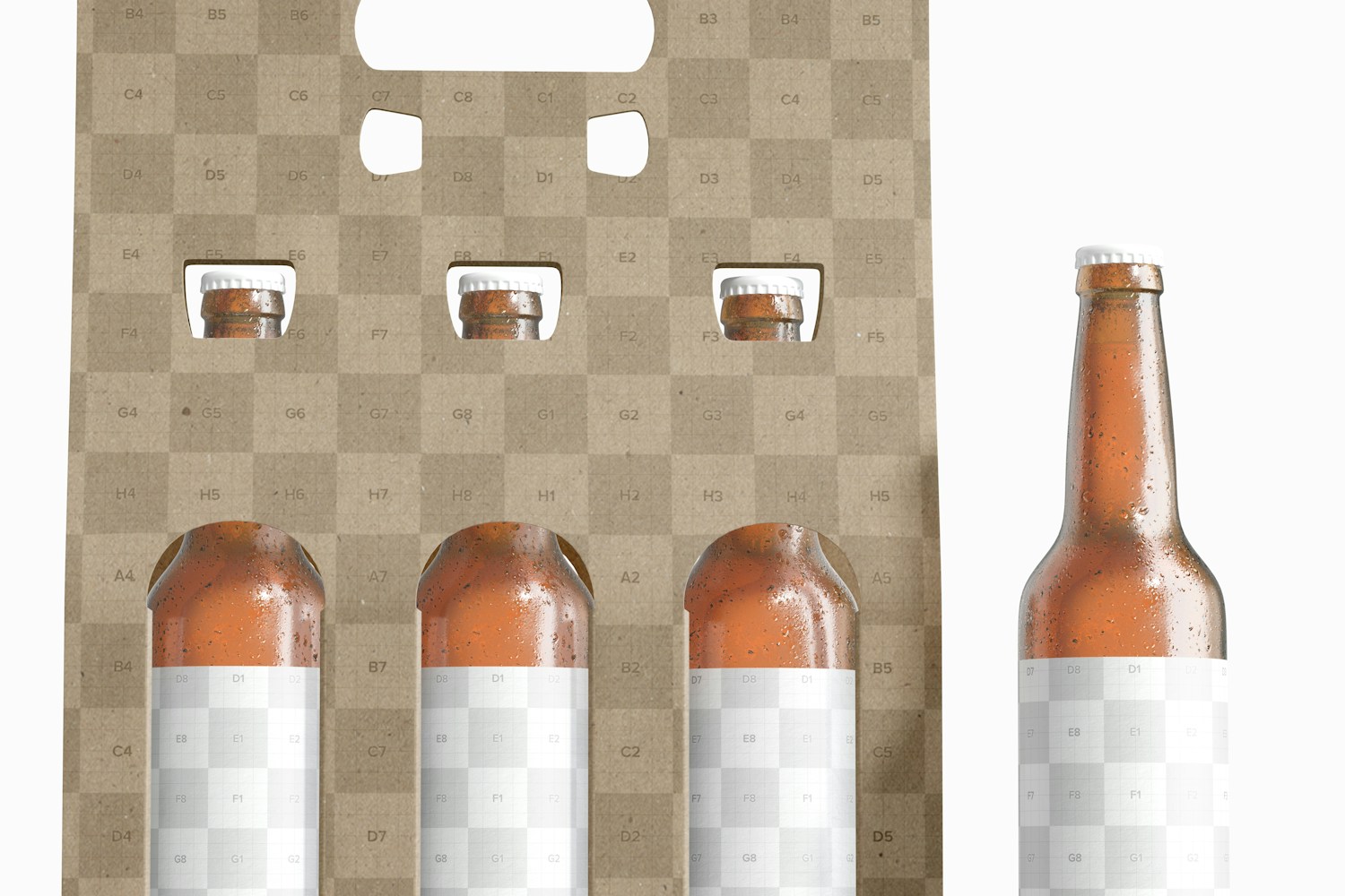 Kraft Paper 3 Beer Bottle Carrier Mockup, Close-up