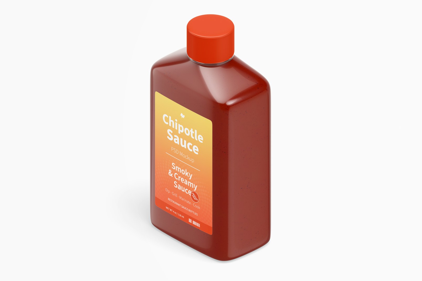 4 oz Chipotle Sauce Bottle Mockup, Isometric Left View