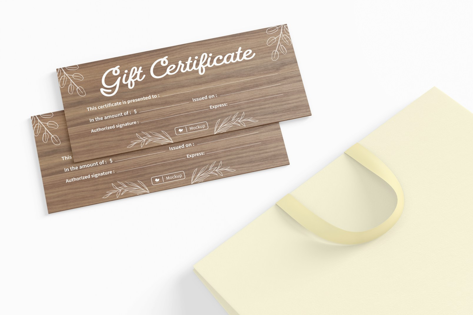 Rustic Gift Certificate with Bag Mockup