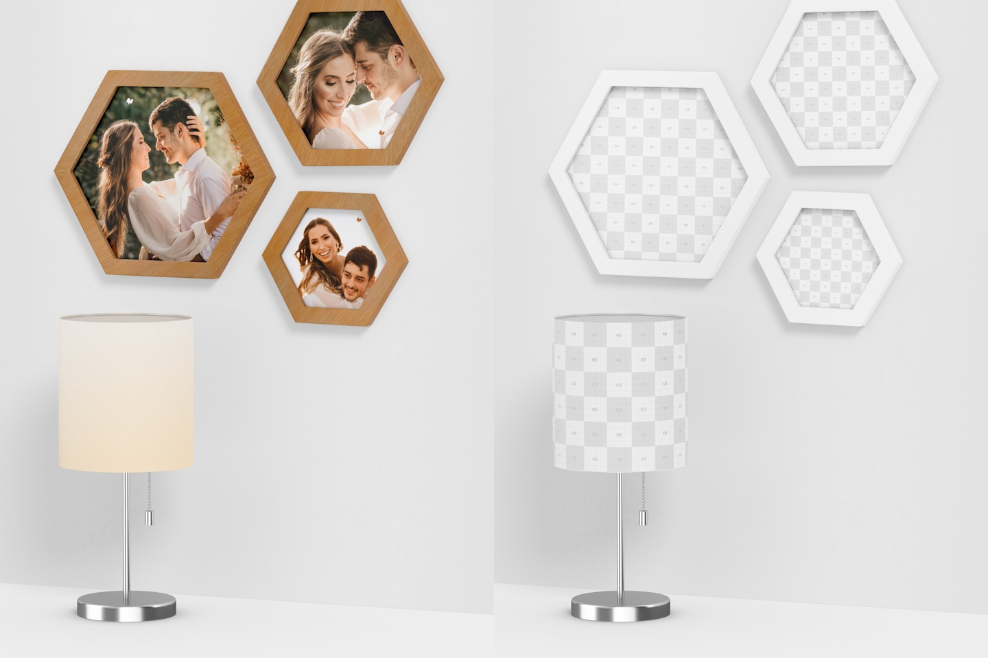 Hexagon Wall Photo Frames with Lamp Mockup
