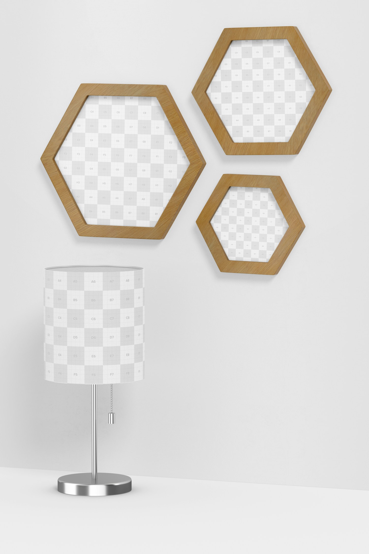 Hexagon Wall Photo Frames with Lamp Mockup
