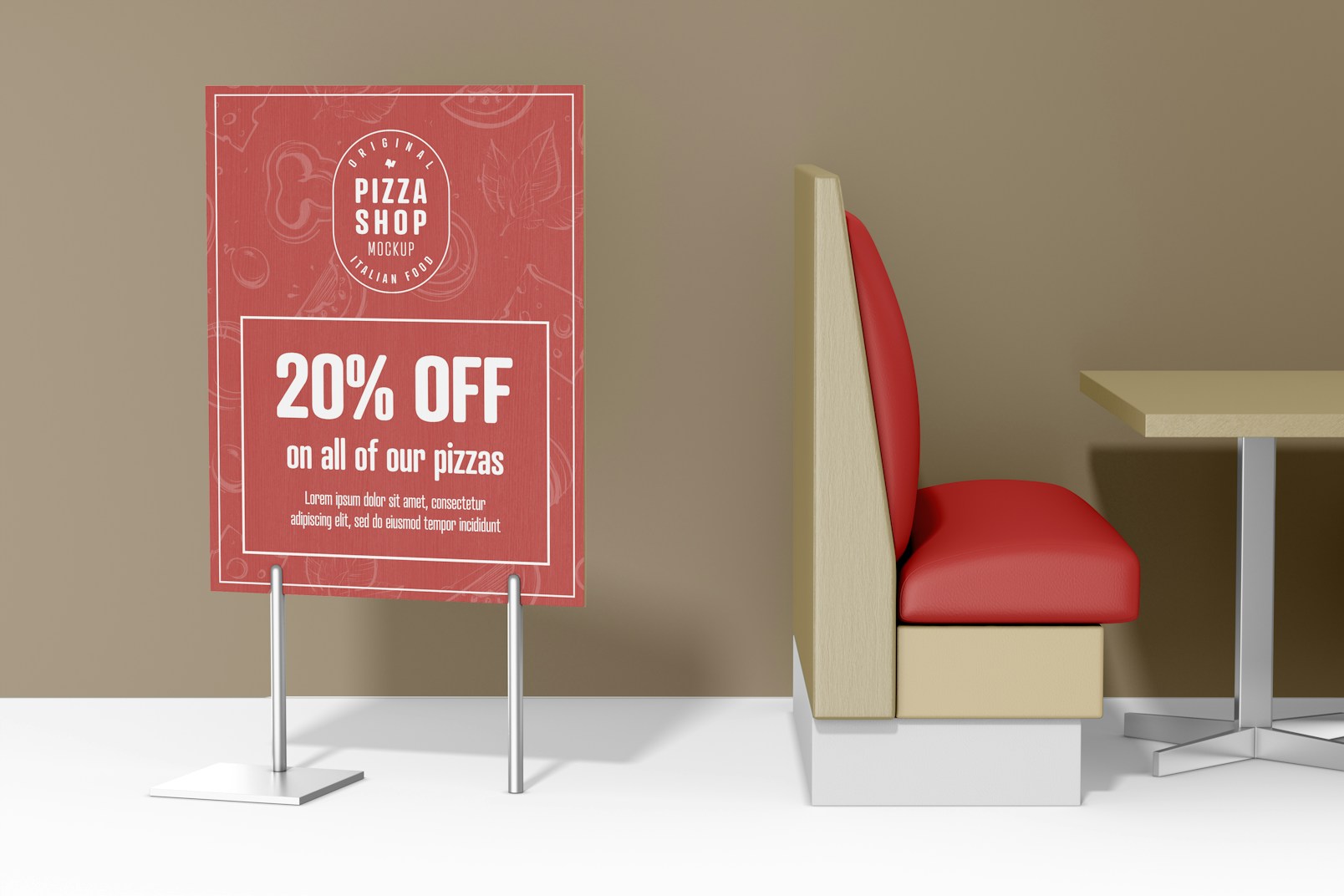 Retro Floor Sign Mockup, with Chair