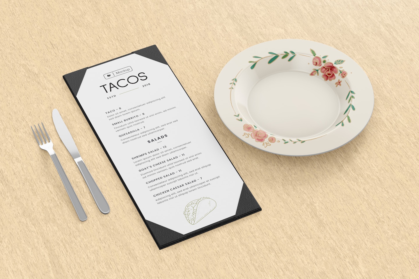 Small Menu Holder Mockup, with Plate