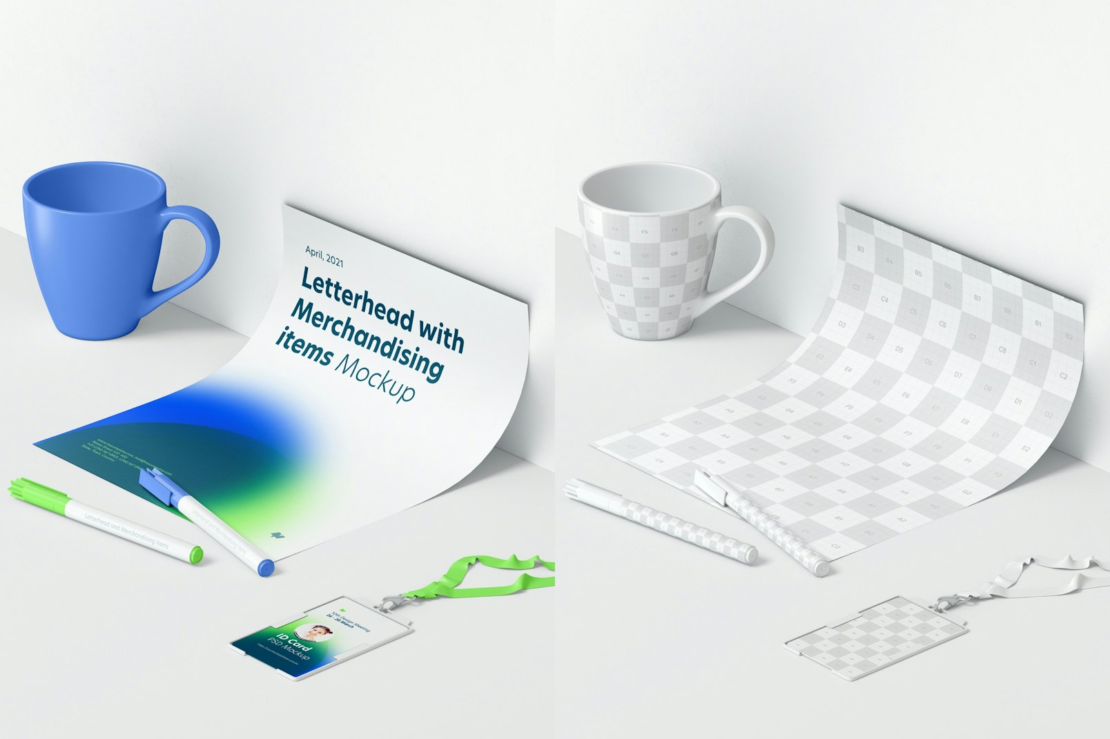 Letterhead and Merchandising Items Mockup, Perspective View