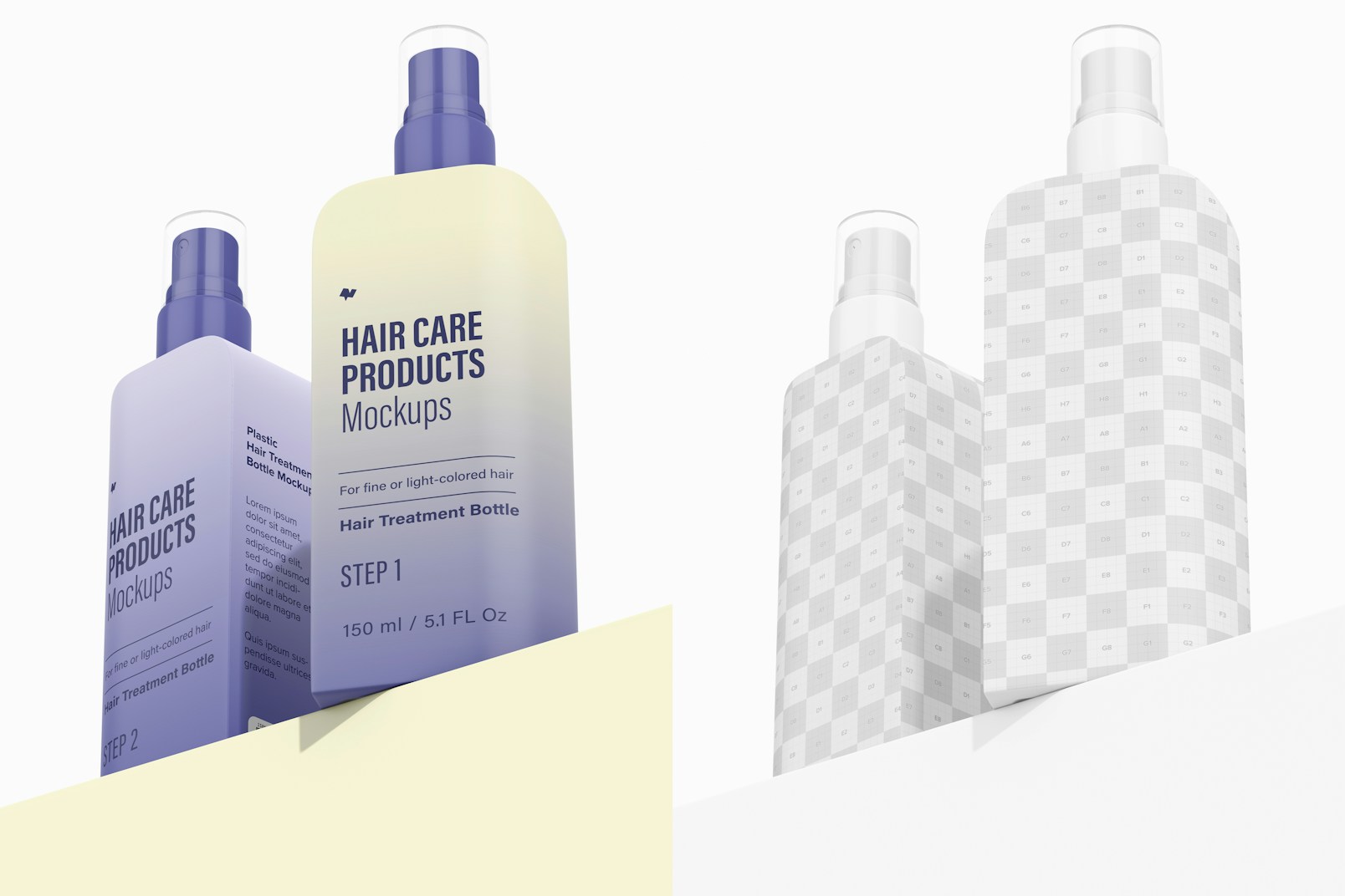 Plastic Hair Treatment Bottles Mockup, Low Angle View