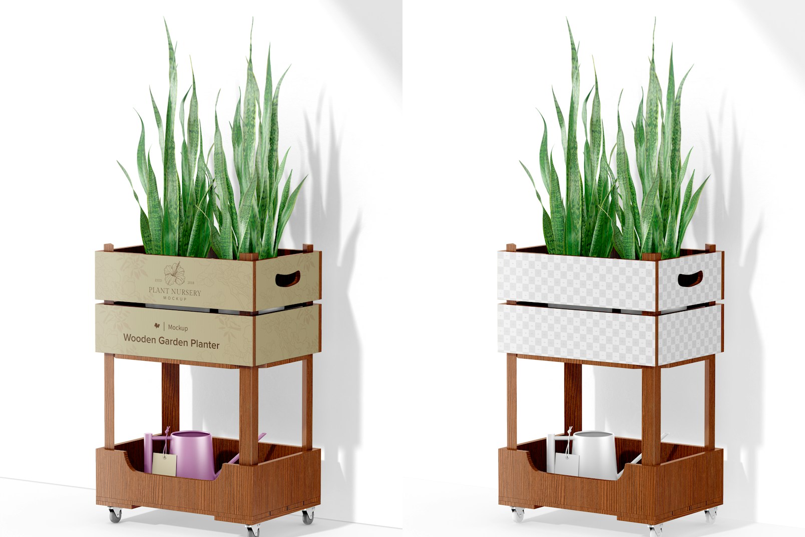 Wooden Garden Planter Mockup, with Watering Can