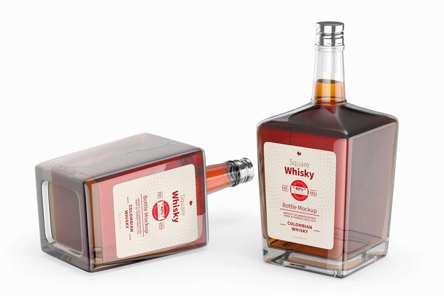 Square Whisky Bottles Mockup, Dropped and Standing
