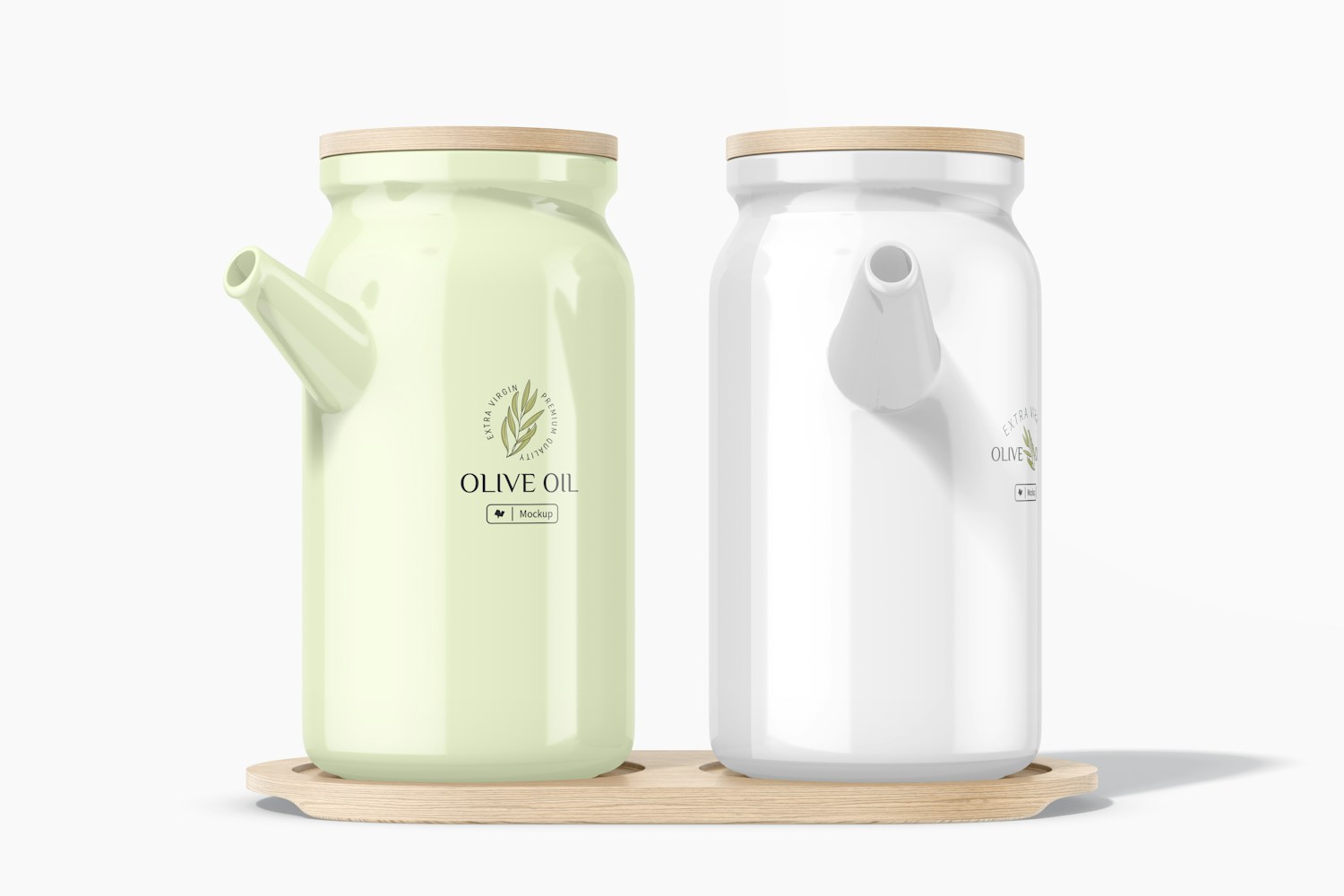 Oil Bottles with Bamboo Tray Mockup, Side and Front View Oil Bottles with Bamboo Tray Mockup, Side and Front View