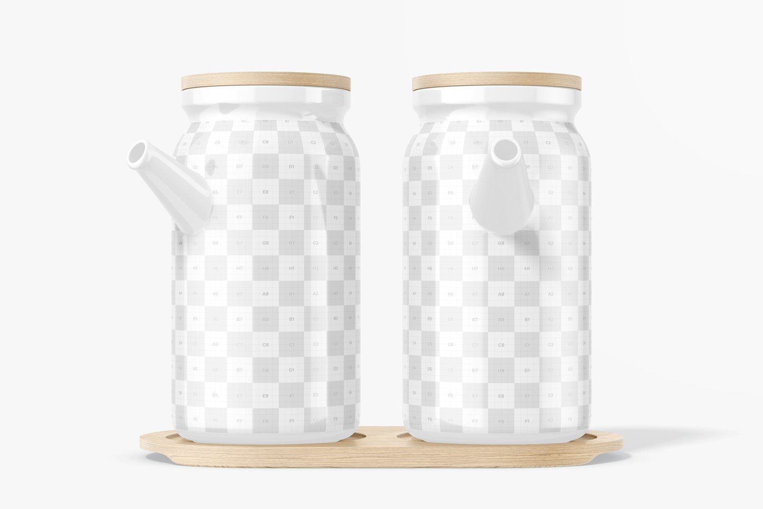 Oil Bottles with Bamboo Tray Mockup, Side and Front View Oil Bottles with Bamboo Tray Mockup, Side and Front View
