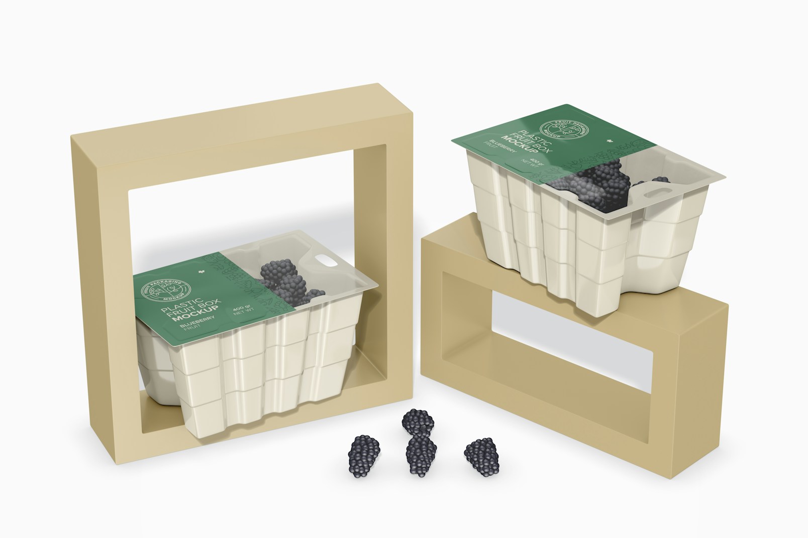 Plastic Fruit Boxes Mockup, on Podiums