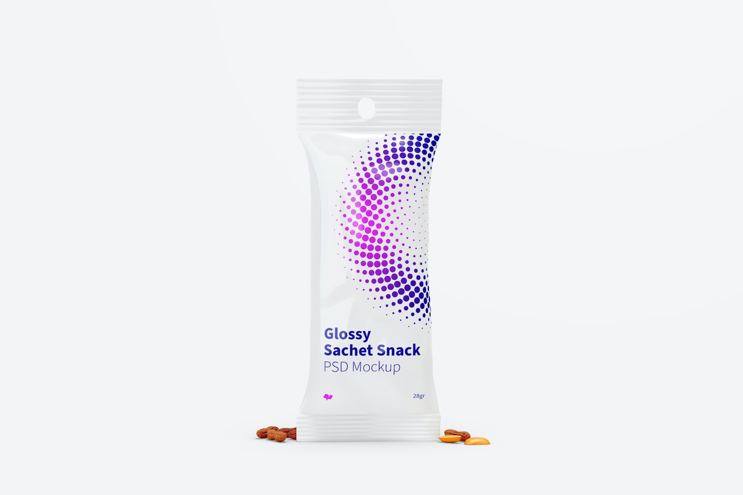 Glossy Snack Sachet Mockup, Front View Glossy Snack Sachet Mockup, Front View