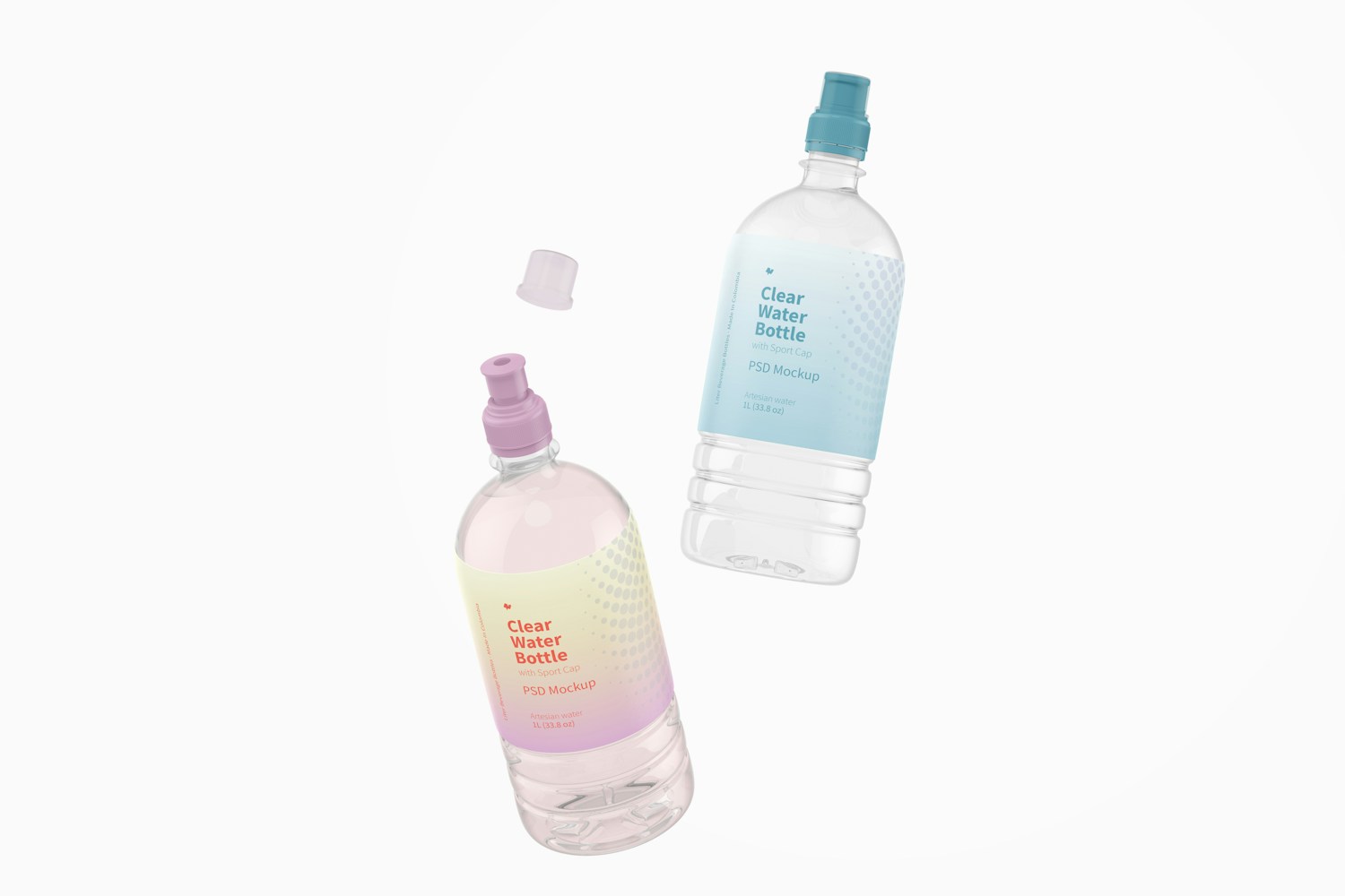 Water Bottles with Sport Cap Mockup, Floating Water Bottles with Sport Cap Mockup, Floating
