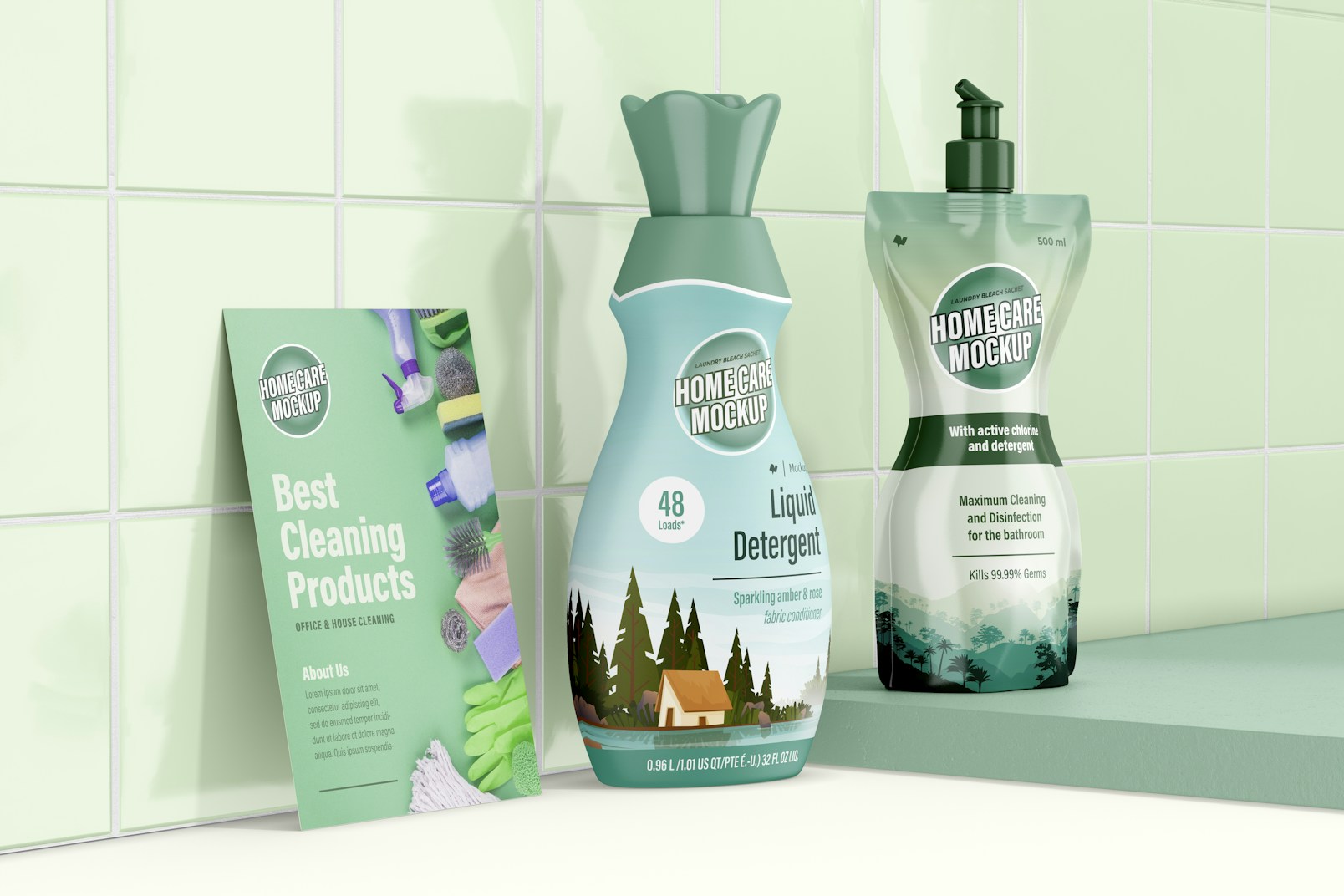 Cleaning Products with Stationery Mockup, Side View