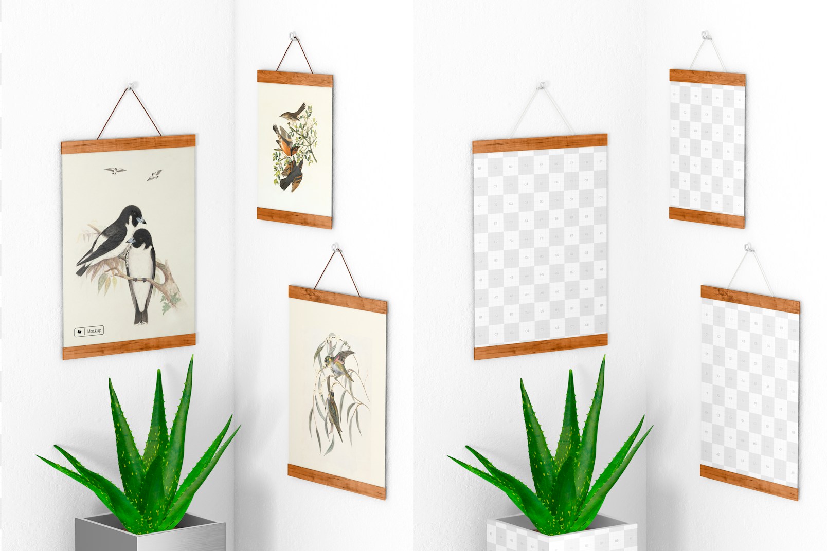 3:4 Wooden Frame Poster Hanger Set Mockup, Perspective