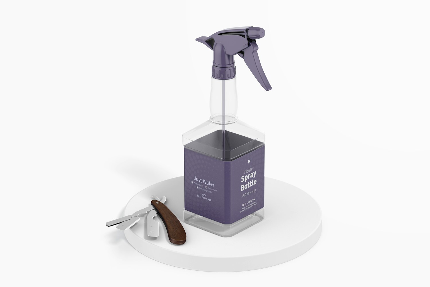 Plastic Spray Bottle with Barber Razor Mockup Plastic Spray Bottle with Barber Razor Mockup
