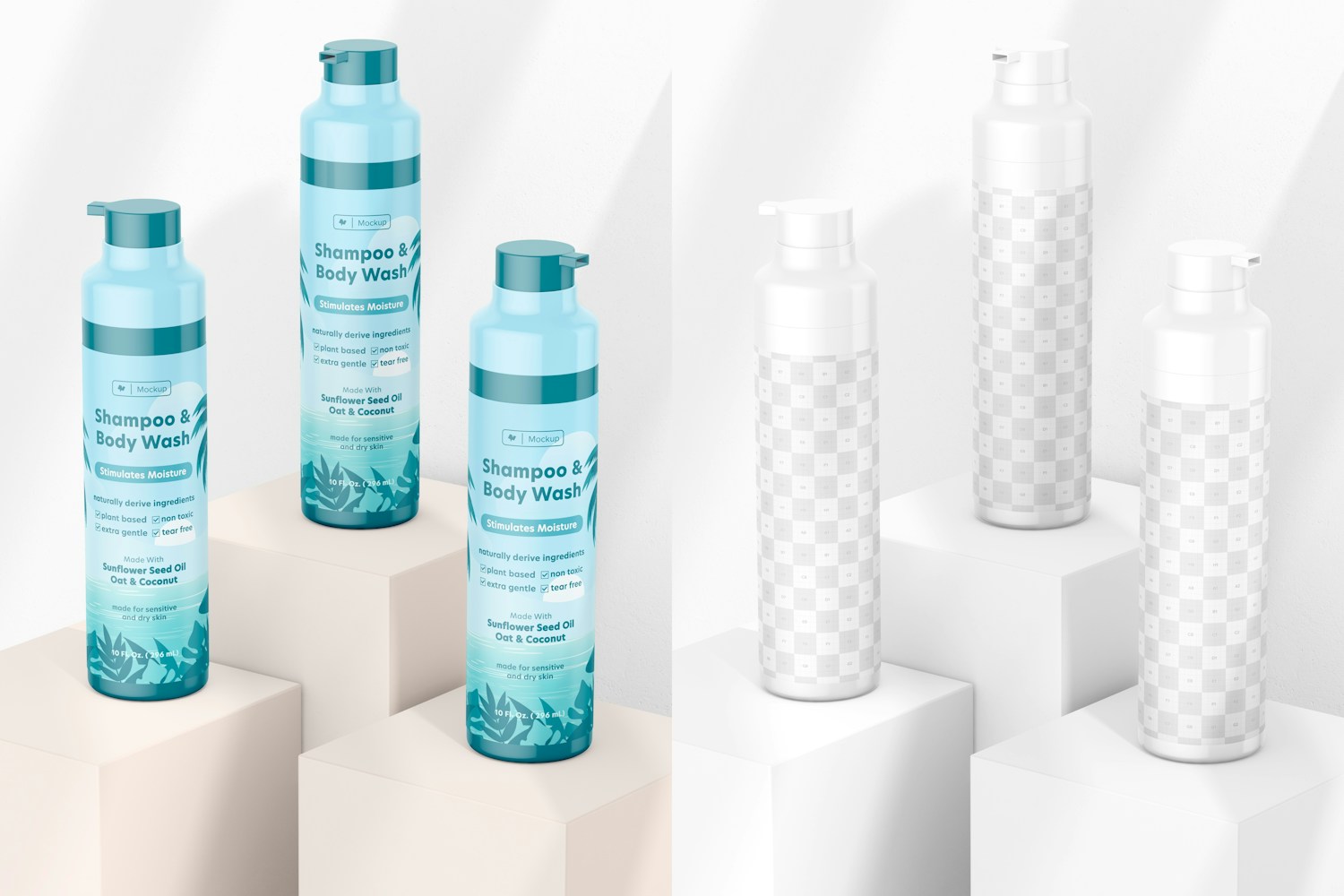 10 oz Shampoo Bottles With Pump  Mockup, Perspective
