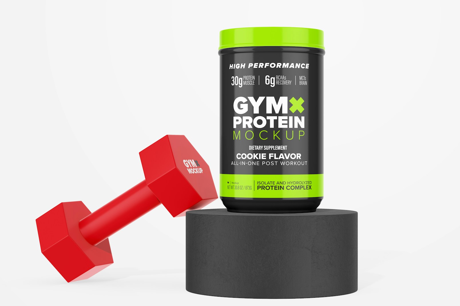 Long Protein Powder Container Mockup, on Podium