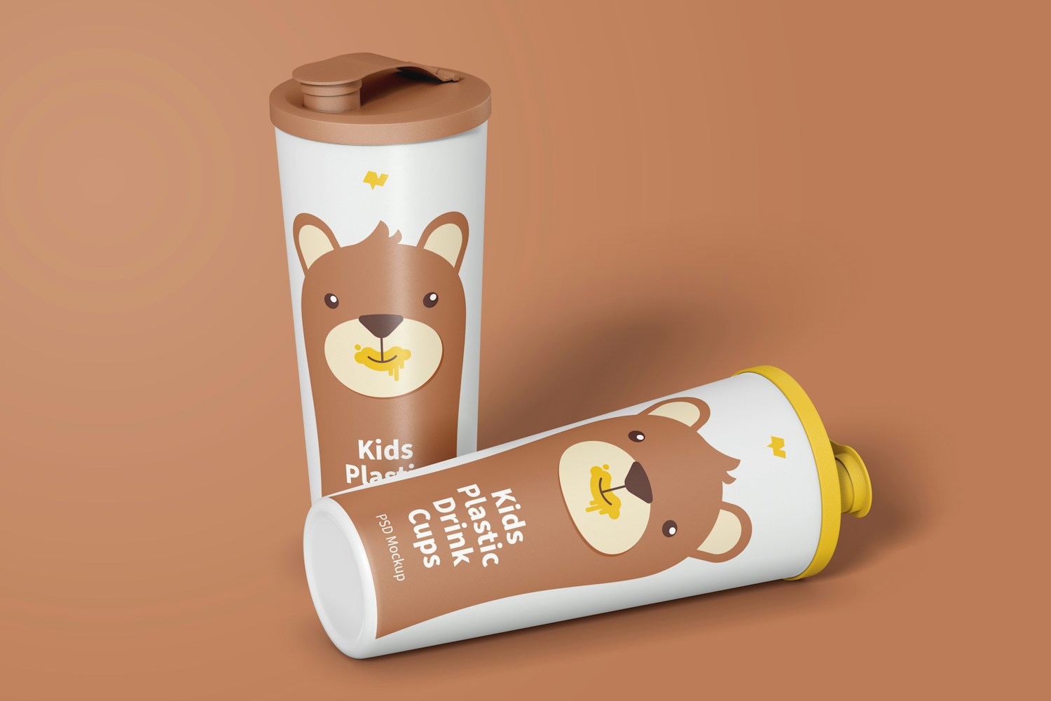 Kids Plastic Drink Cup With Lid Mockup, Standing and Dropped