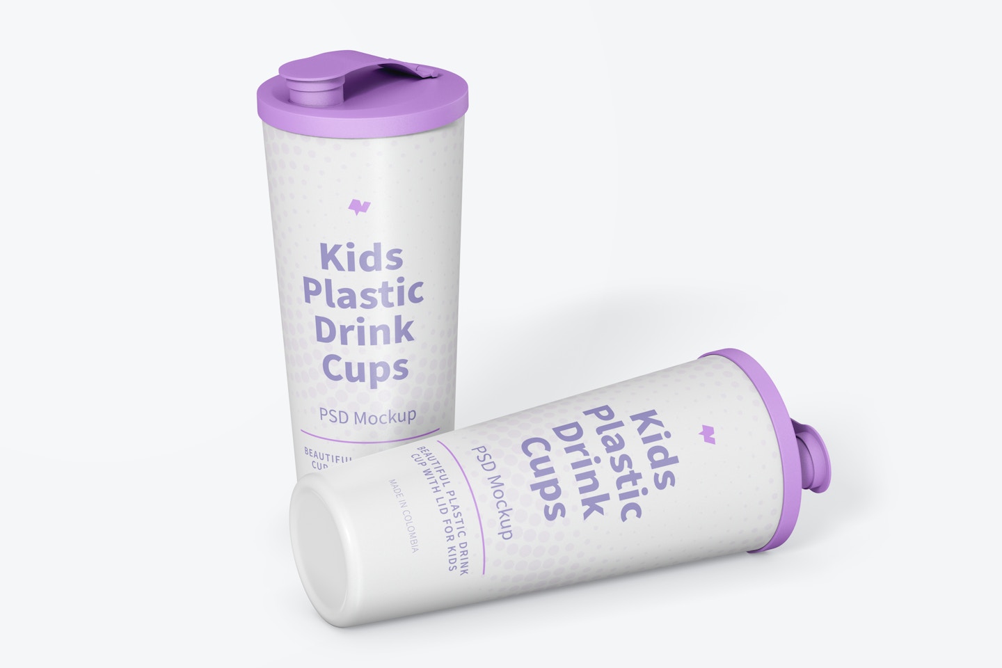 Kids Plastic Drink Cup With Lid Mockup, Standing and Dropped