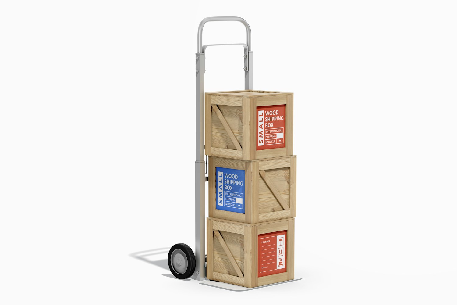 Small Wood Shipping Boxes Mockup, on Hand Truck