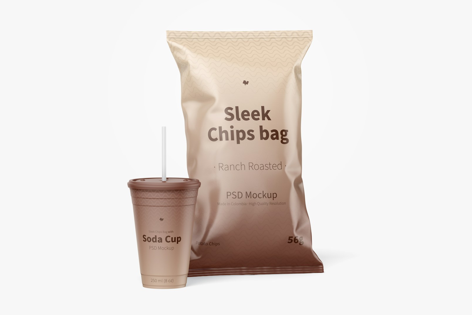 Sleek Chips Bags Mockup with Soda Cup