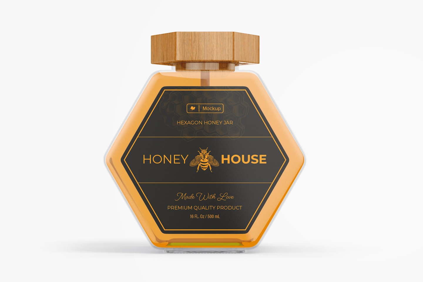 Hexagon Shaped Honey Jar Mockup, Front View