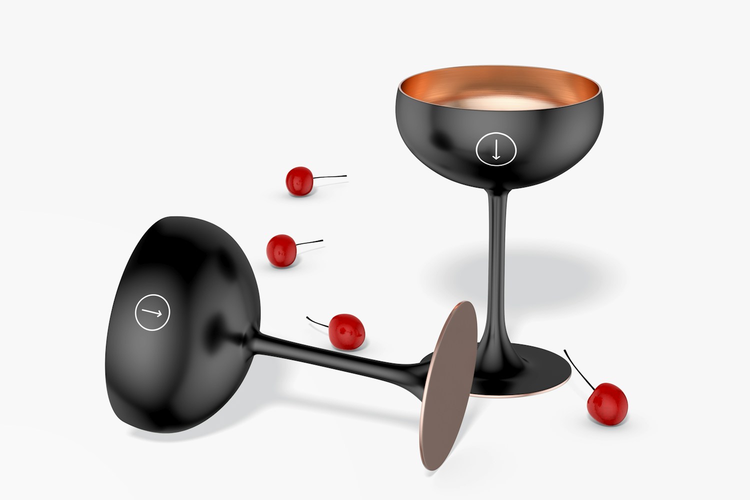 Metal Coupe Cocktail Glass Mockup, Standing and Dropped Metal Coupe Cocktail Glass Mockup, Standing and Dropped