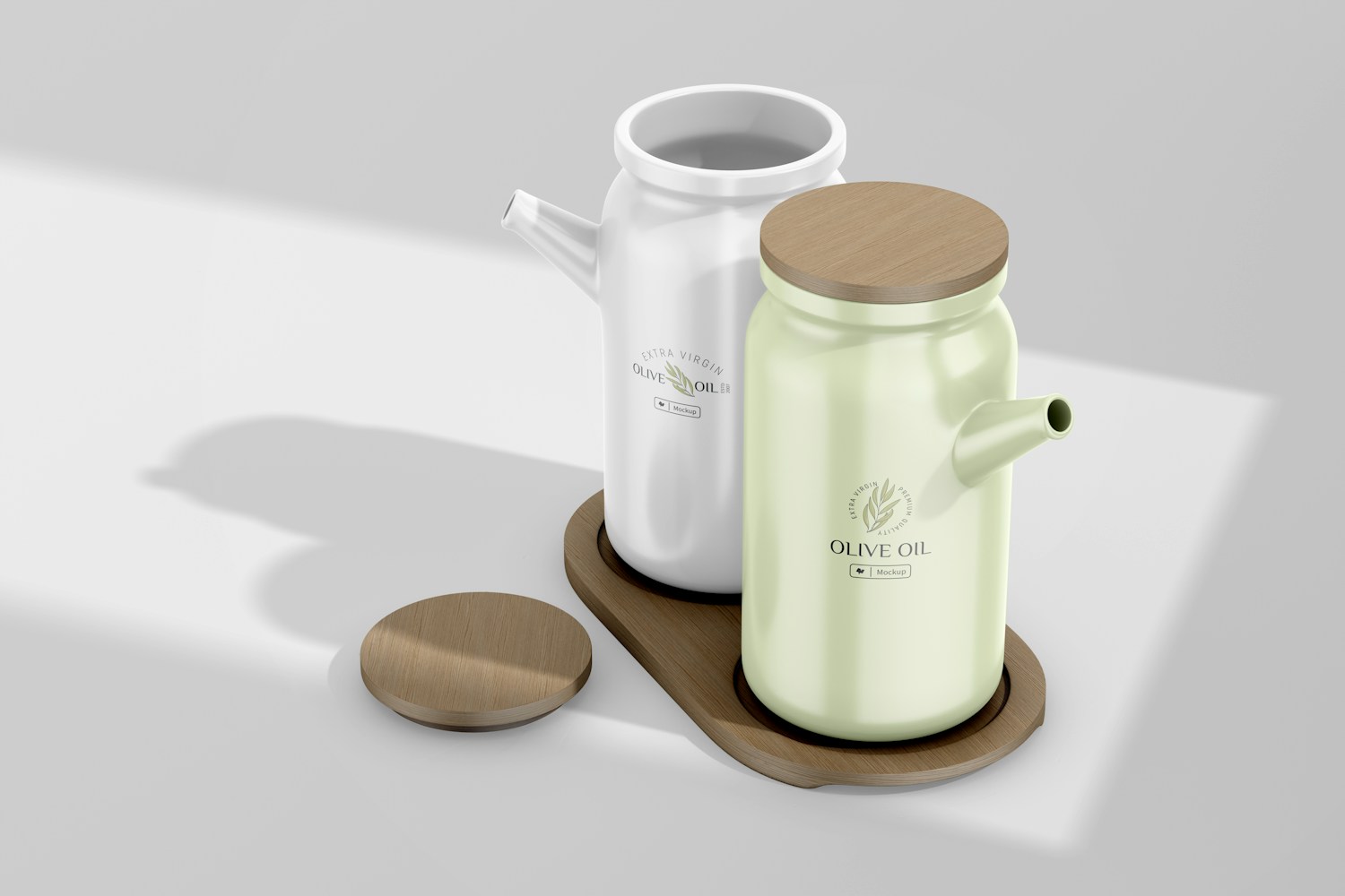 Oil Bottles with Bamboo Tray Mockup, Perspective Oil Bottles with Bamboo Tray Mockup, Perspective