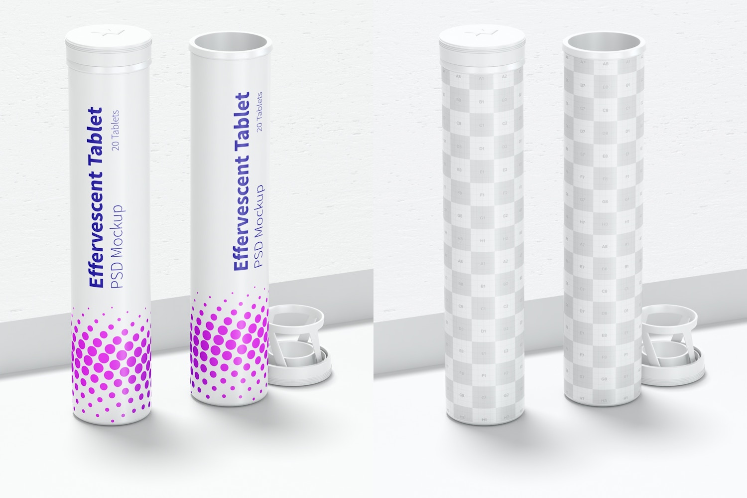 Effervescent Tablet Bottles Mockup, Front View Effervescent Tablet Bottles Mockup, Front View